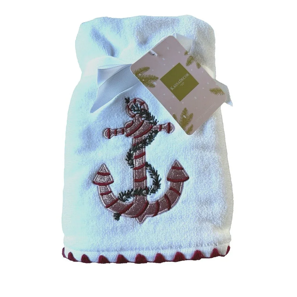 Kassa Decor Christmas White Hand Towels Set of 2 Pink Anchor Embroidered